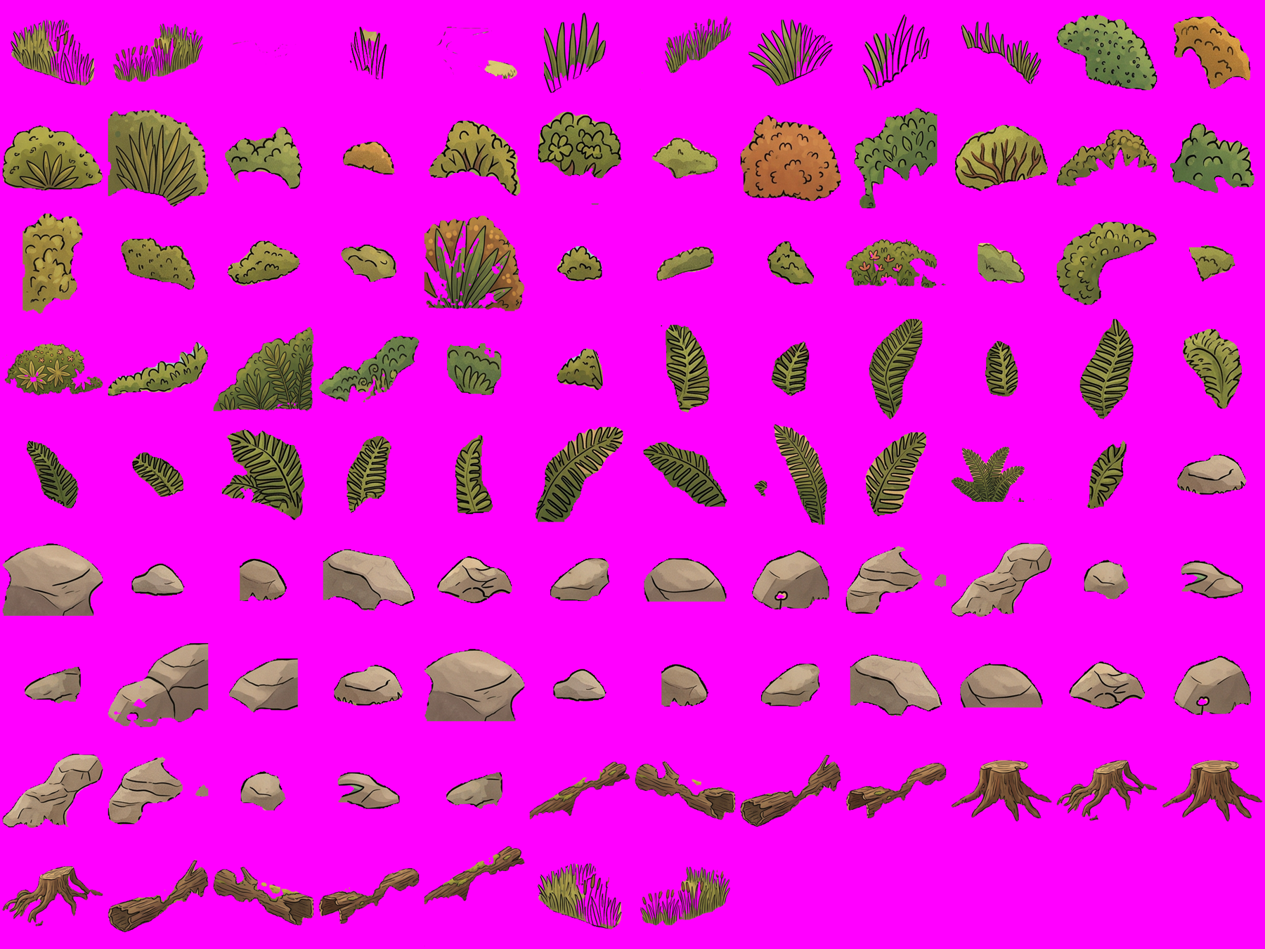 Contact sheet of the final 103 occluder cut-outs on magenta: grass tufts, ferns, bushes, boulders, logs and stumps.