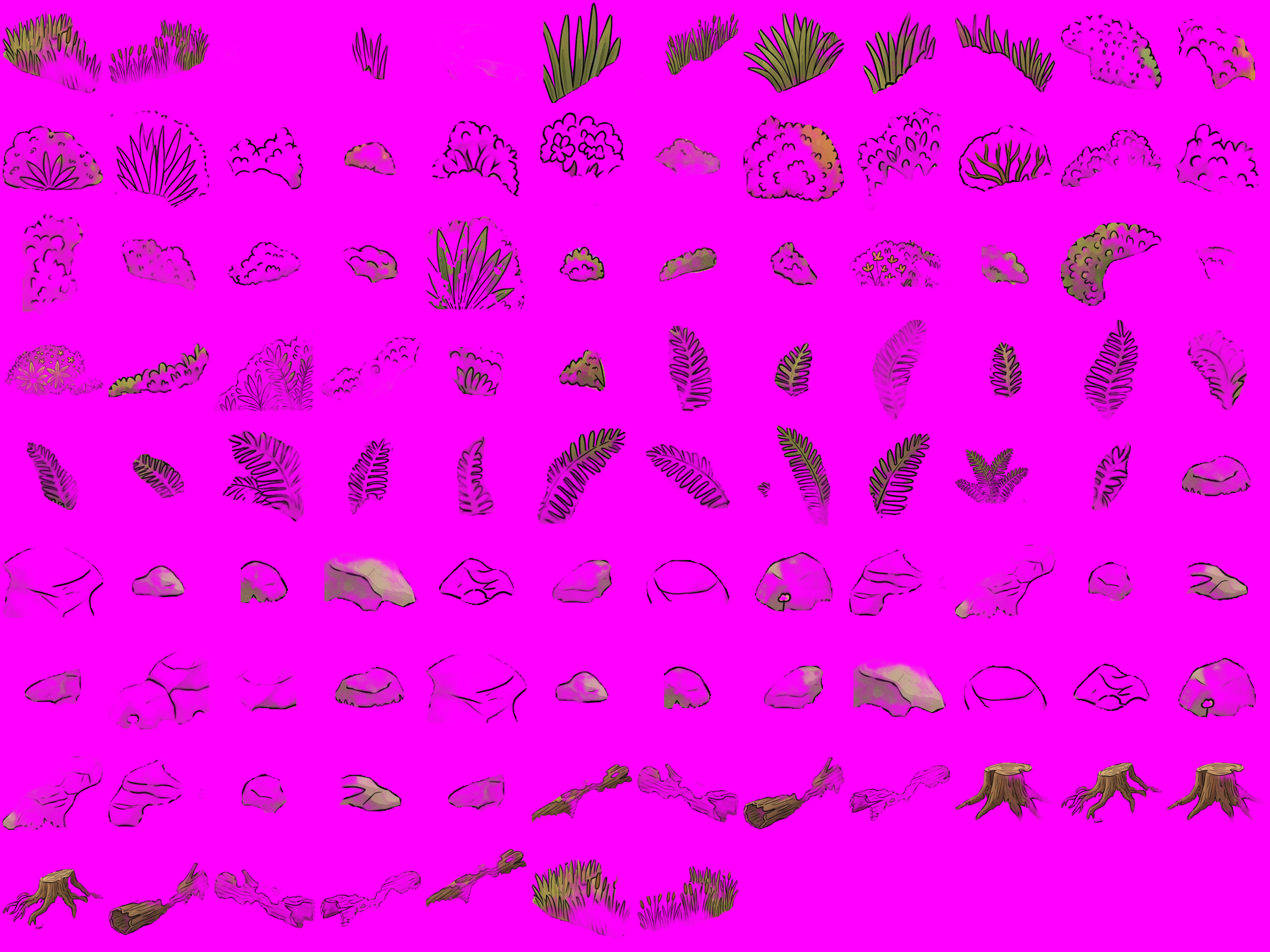 Contact sheet after matting everything: rocks and bushes are see-through, magenta showing through them.