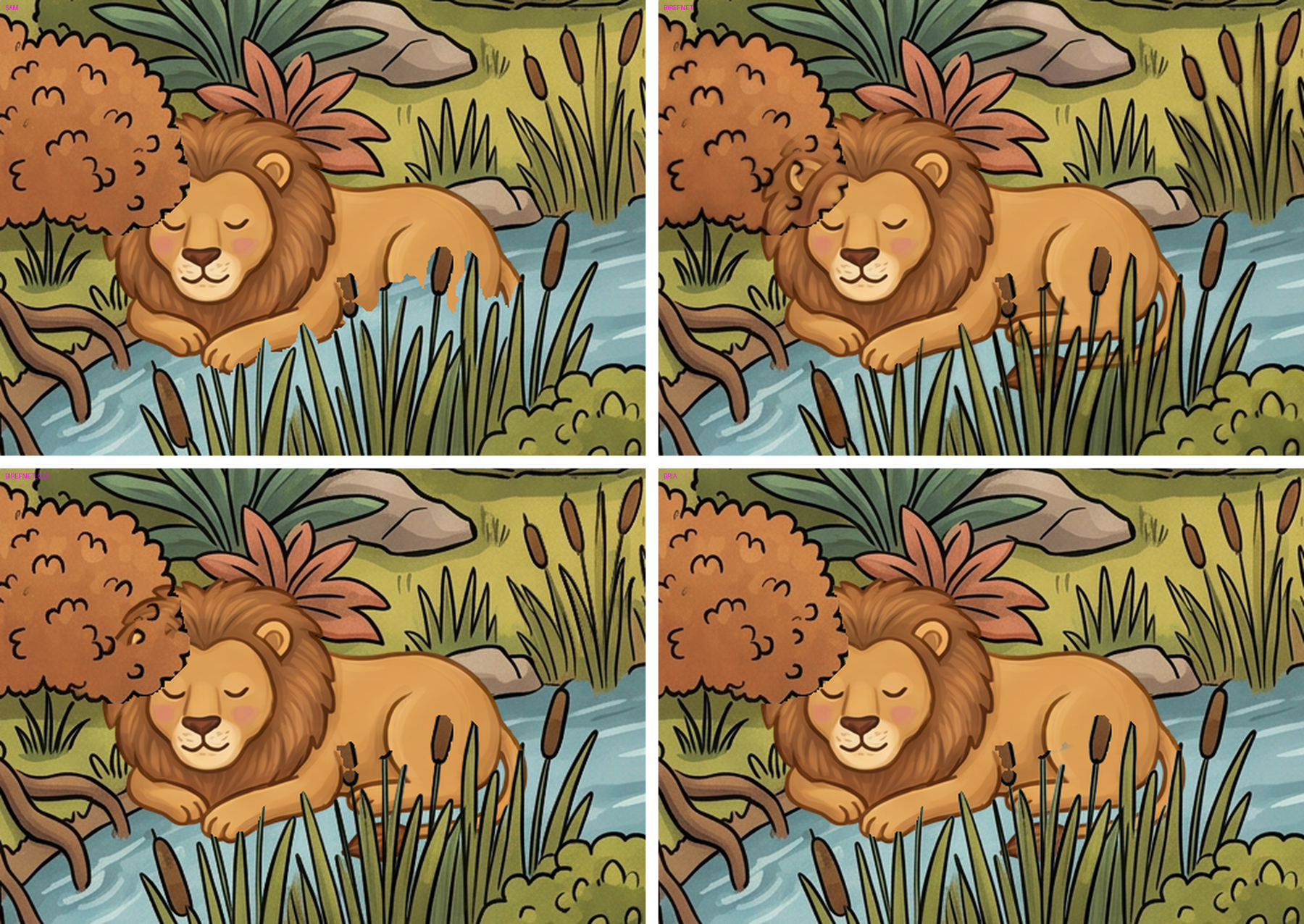 Four-way comparison of the lion: SAM region, BiRefNet Matting, BiRefNet General, BRIA RMBG 2.0.