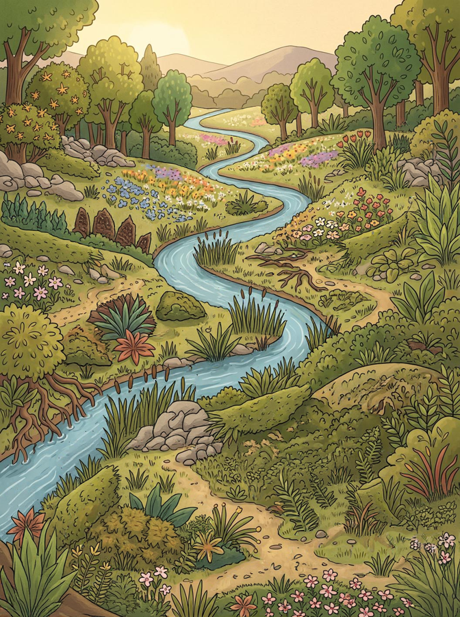 The plate after FLUX Fill: finer linework, muted olive palette, more vegetation.