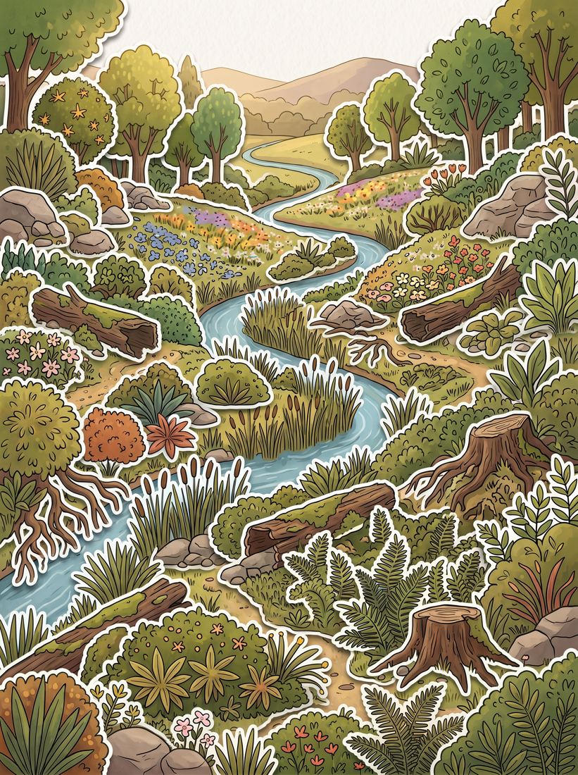 The Eden plate restyled as a die-cut sticker book: every bush, rock, log and tree has a thick white border.