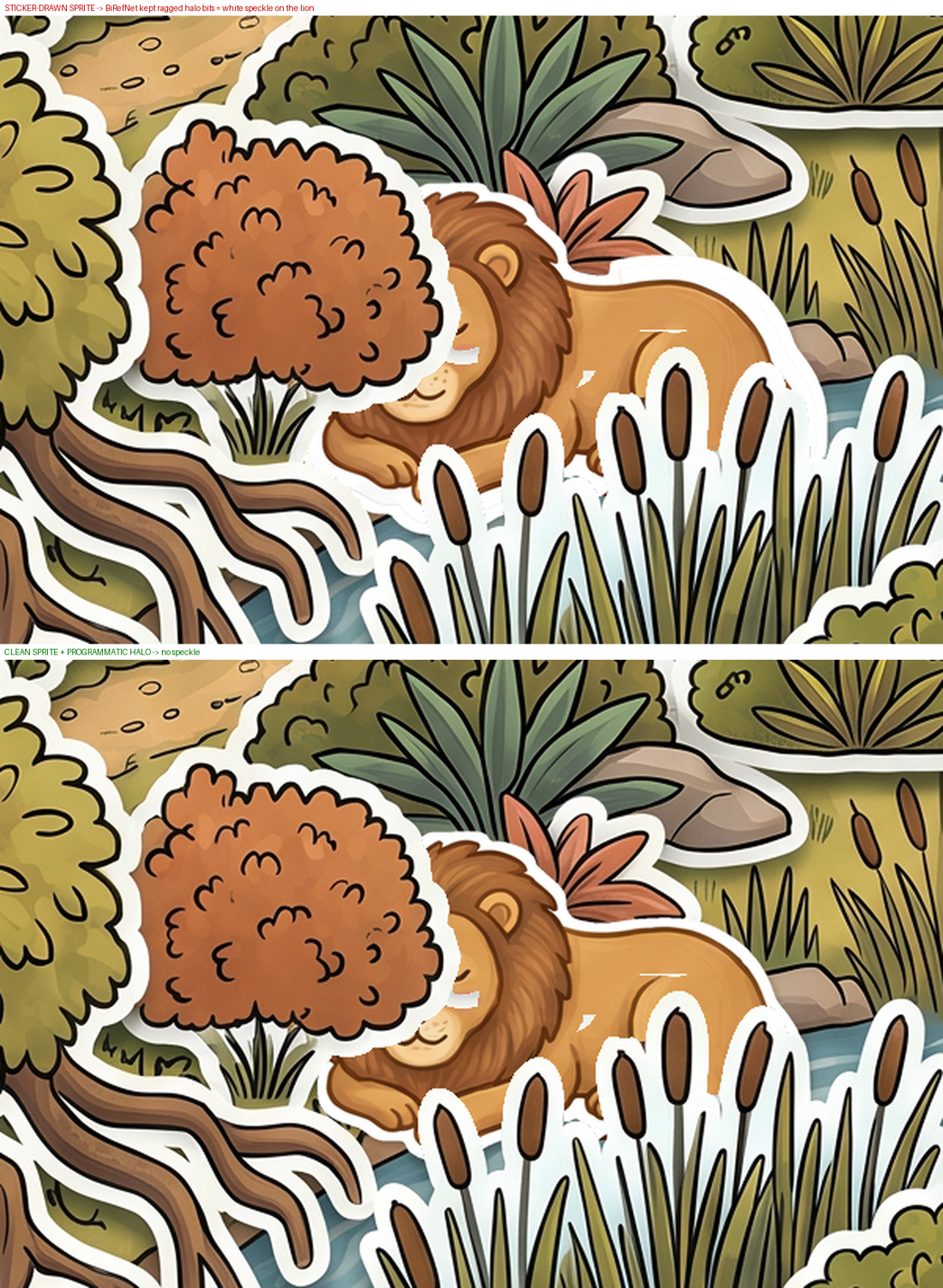 Top: sticker-drawn sprite leaves white speckle on the lion. Bottom: clean sprite plus programmatic halo is smooth.