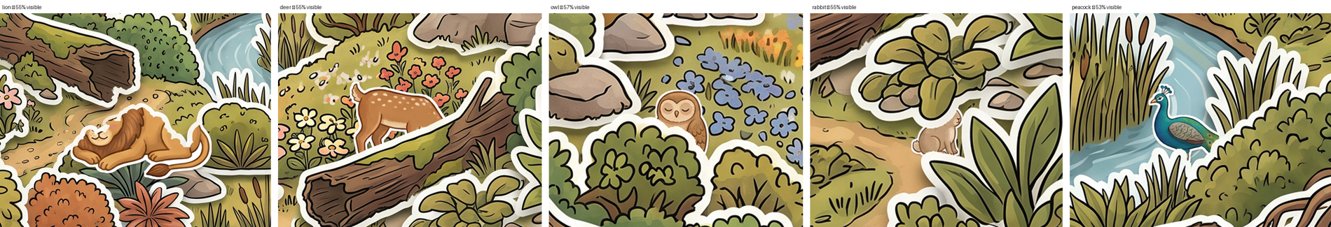 Five characters each partly hidden behind sticker covers: lion, deer, owl, rabbit, peacock.